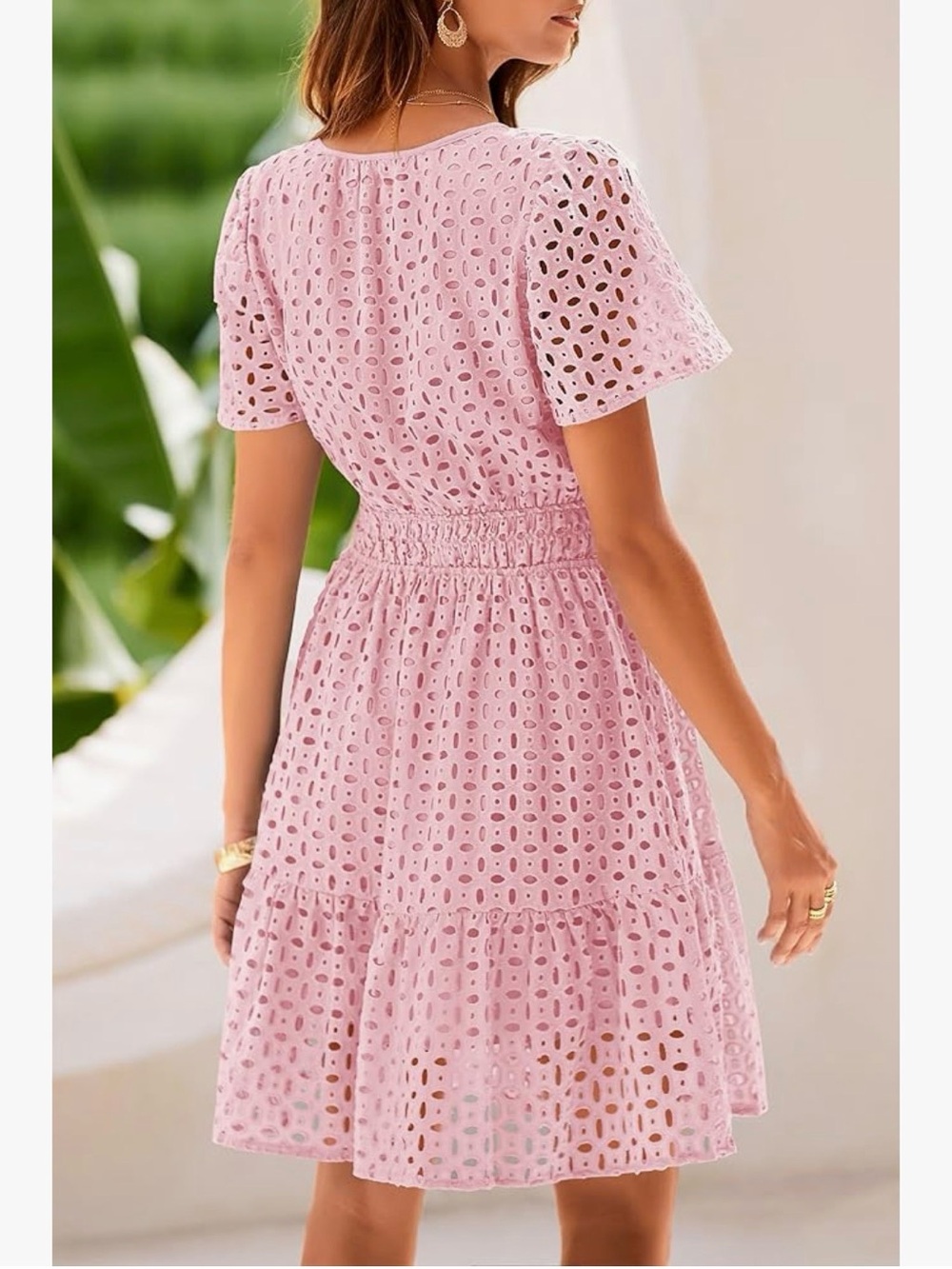 PRETTYGARDEN V Neck Short Sleeve A Line Hollow Out Lace Dress - Picture 3 of 13